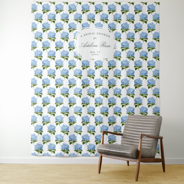 Blue Hydrangea Patterned Party Backdrop Tapestry (In Situ)