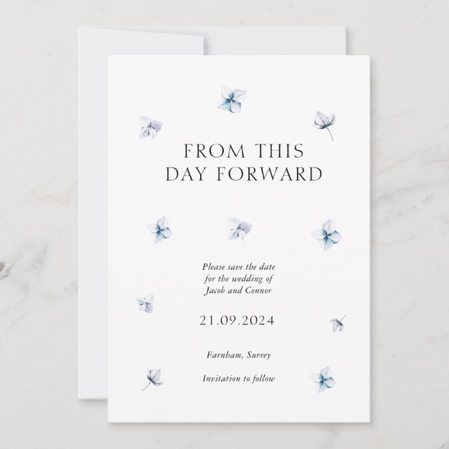 Blue Hydrangea Petal Wedding Save the Date Card (Front)