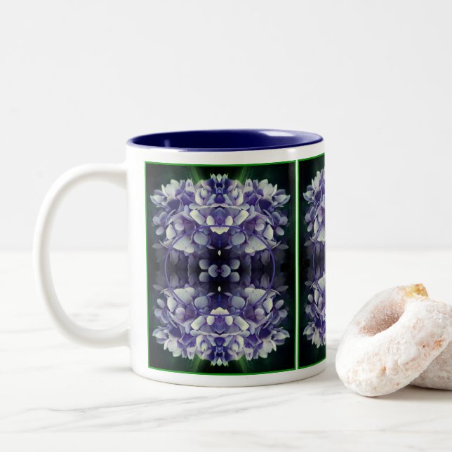 Blue Hydrangea Petals Frame Add Your Photo Two-Tone Coffee Mug (With Donut)