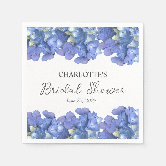 Blue Hydrangea Petals Personalised Bridal Shower Napkin (Front)