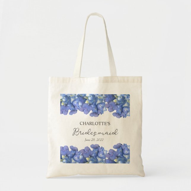 Blue Hydrangea Petals Personalised Bridesmaid Tote Bag (Front)
