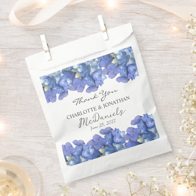 Blue Hydrangea Petals Wedding Personalised Names Favour Bag (Clipped)