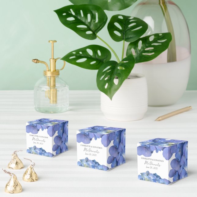 Blue Hydrangea Petals Wedding Personalised Names Favour Box (Multiple)