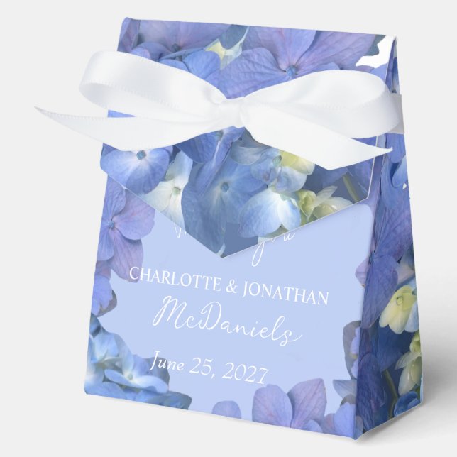 Blue Hydrangea Petals Wedding Personalised Names Favour Box (Front)