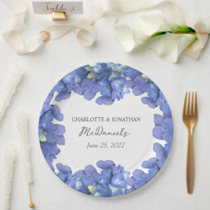 Blue Hydrangea Petals Wedding Personalised Names Paper Plate