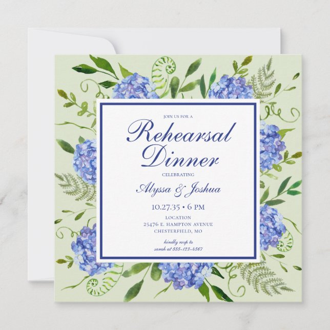Blue Hydrangea Photo Rehearsal Dinner Invitation (Front)