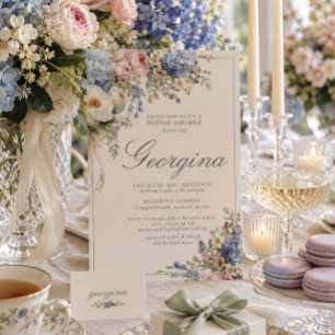 Blue Hydrangea Pink Floral Bridal Shower Invitation