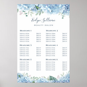 Blue Hydrangea Price List Poster