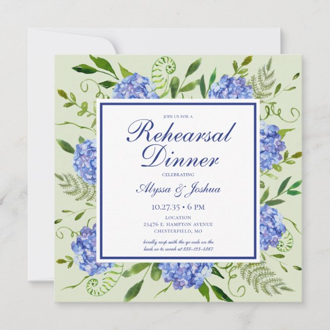 Blue Hydrangea QR Code Rehearsal Dinner Invitation (Front)