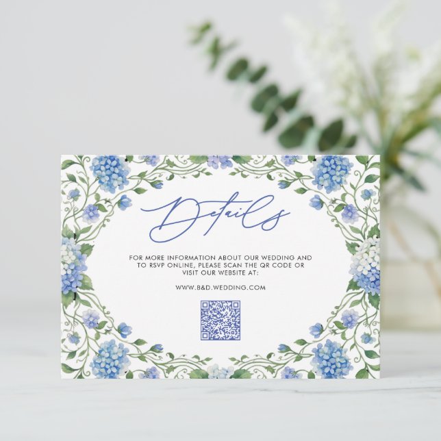Blue Hydrangea QR Code Wedding Details Enclosure Card (Standing Front)
