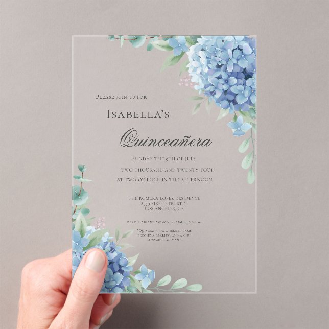 Blue Hydrangea Quinceañera Celebration 15 Acrylic Invitations (Insitu (Handheld))