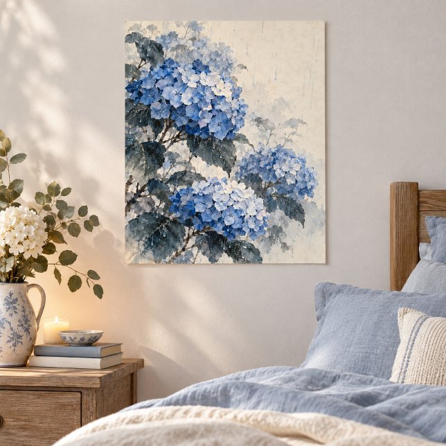 Blue Hydrangea Rain Art Print (Unframed paper art print. All texture effects are printed. Room styling props are not included.)