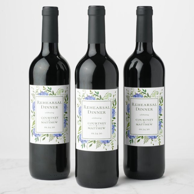 Blue Hydrangea Rehearsal Dinner Wine Label (Bottles)