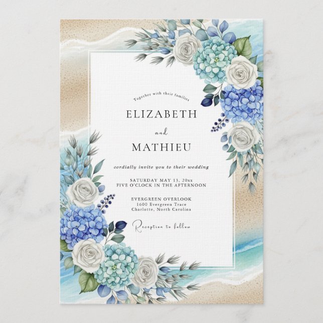 Blue Hydrangea Romantic Flourish Wedding Invitation (Front)