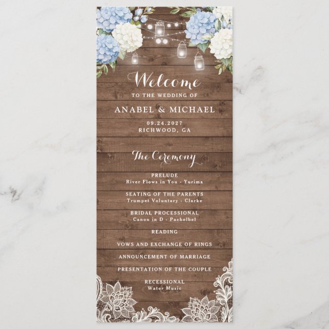 Blue Hydrangea Rustic Wood String Light Wedding Program (Front)
