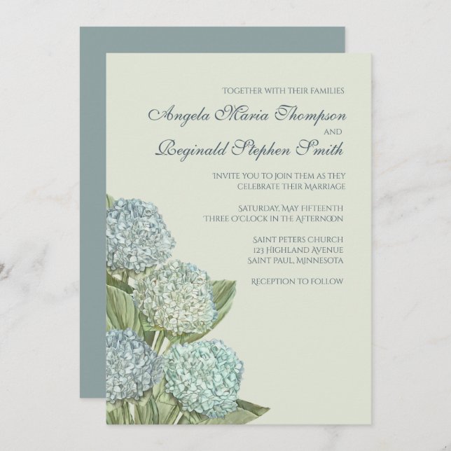 Blue Hydrangea/ Sage Green  Invitation (Front/Back)