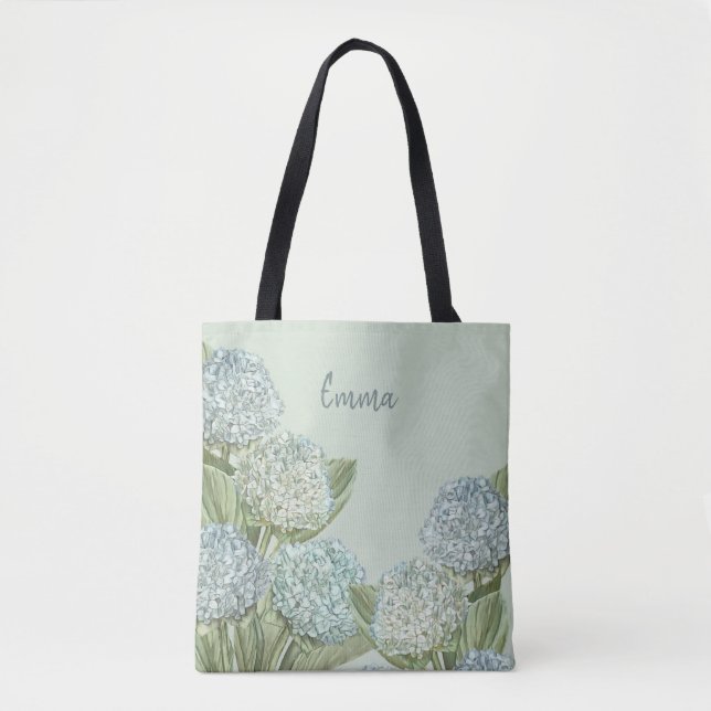 Blue Hydrangea/ Sage Green Tote Bag (Front)