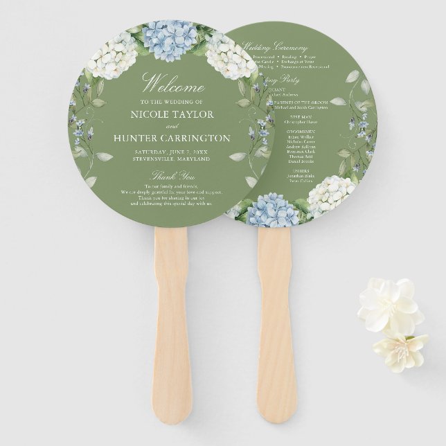 Blue Hydrangea Sage Green Wedding Program Hand Fan (Front and Back)