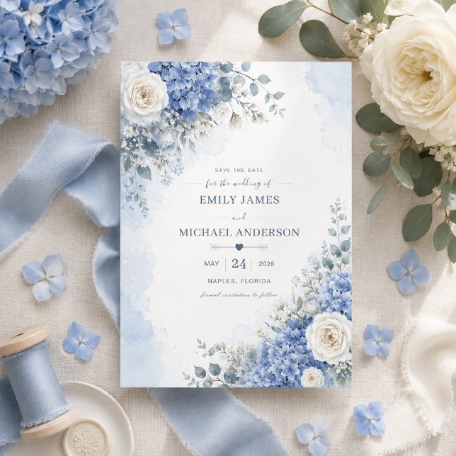 Blue Hydrangea Save the Date Card (Elegant Save the Date card with timeless blue hydrangea watercolor florals.)