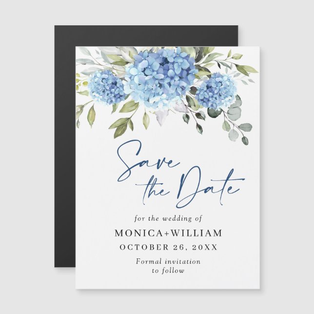 Blue Hydrangea Save the Date Magnetic Card (Front/Back)