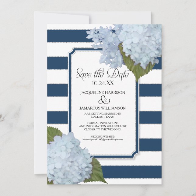 Blue Hydrangea Save the Date Wide Striped Floral Invitation (Front)