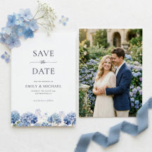 Blue Hydrangea Save The Date With Photo Flat Card