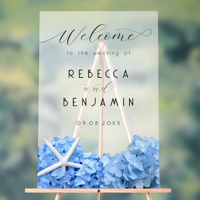 Blue Hydrangea Seaside Wedding Welcome Opaque Acrylic Sign (Neutral)