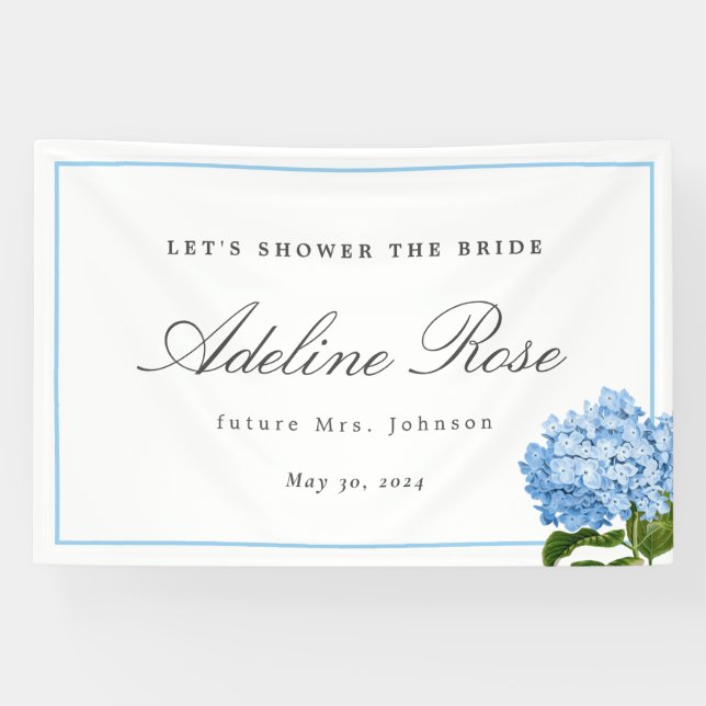 Blue Hydrangea Shower the Bride Name and Date Banner (Horizontal)