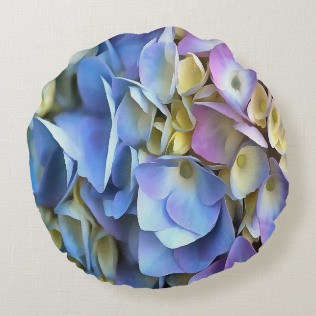 Blue Hydrangea Shrub Artistic Bossom Round Cushion (Back)