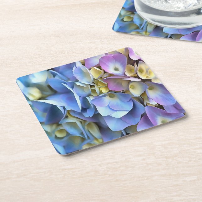 Blue Hydrangea Shrub Artistic Bossom Square Paper Coaster (Angled)