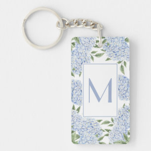 Blue Hydrangea Single Initial Monogram Custom Key Ring
