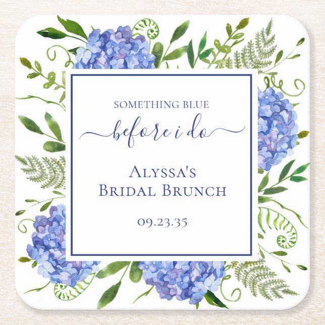 Blue Hydrangea Something Blue Before I Do Square Paper Coaster (Front)