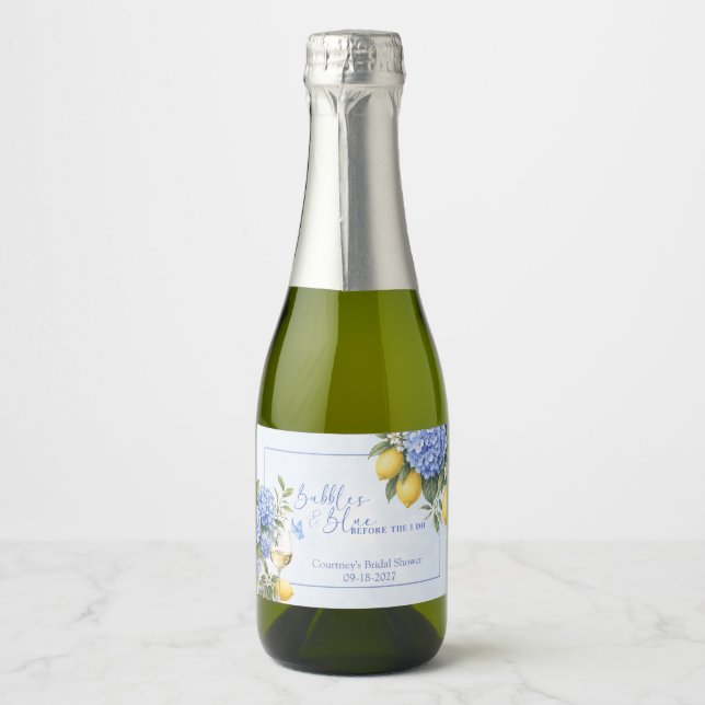 Blue Hydrangea Something Blue Bridal Shower Sparkling Wine Label (Front)