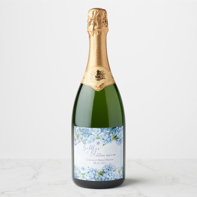 Blue Hydrangea Something Blue Bridal Shower Sparkling Wine Label (Front)