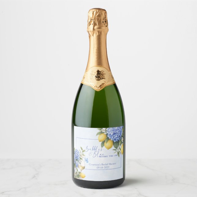 Blue Hydrangea Something Blue Bridal Shower Sparkling Wine Label (Front)