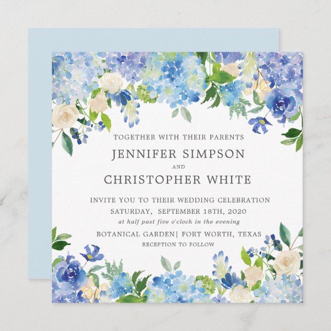 Blue Hydrangea Square Wedding Invitation Cards (Front/Back)