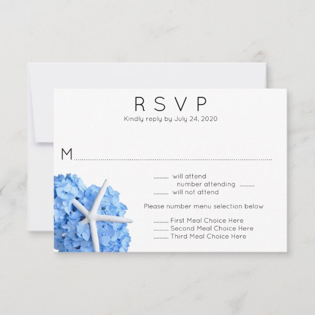 Blue Hydrangea Starfish Wedding Menu RSVP Card (Front)