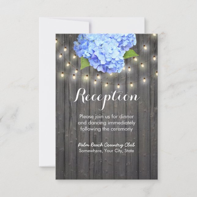Blue Hydrangea & String Lights Barn Wood Reception Invitation (Front)