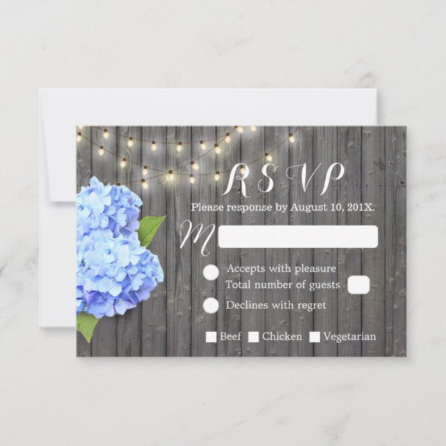 Blue Hydrangea & String Lights Barn Wood RSVP Card (Front)