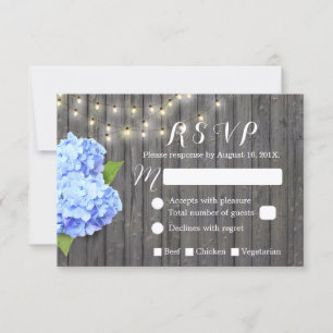 Blue Hydrangea & String Lights Barn Wood RSVP Card