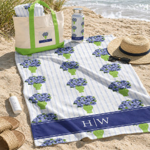 Blue Hydrangea Stripe Monogram Coastal Pattern Beach Towel