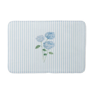 Blue Hydrangea Stripe Pattern Coastal  Bath Mat
