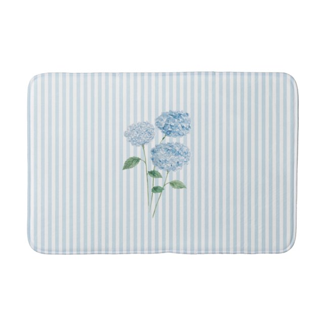 Blue Hydrangea Stripe Pattern Coastal  Bath Mat (Front)