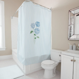 Blue Hydrangea Stripe Pattern Coastal  Shower Curtain