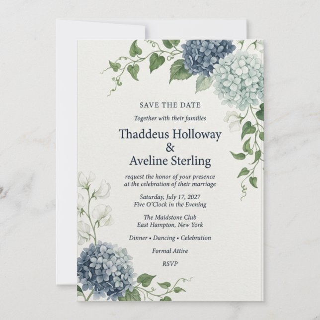 Blue Hydrangea & Sweet Pea Botanical Elegant Save  Invitation (Front)