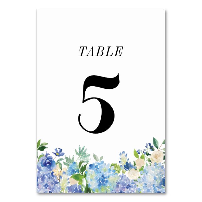 Blue Hydrangea Table Number Card - Table Five (Front)