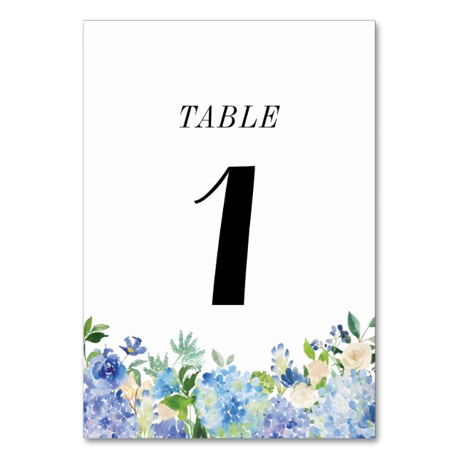 Blue Hydrangea Table Number Card - Table One (Front)