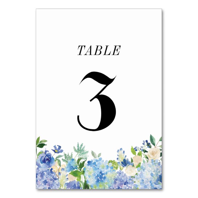 Blue Hydrangea Table Number Card - Table Three (Front)