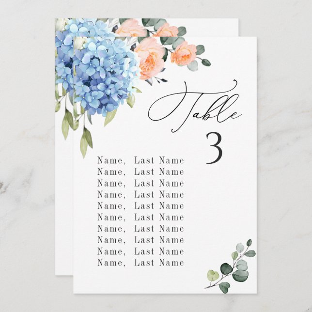 Blue Hydrangea Table Number Seating Chart Cards (Front/Back)