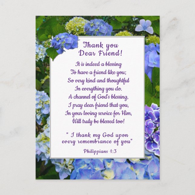 Blue Hydrangea Thank You Postcard (Front)